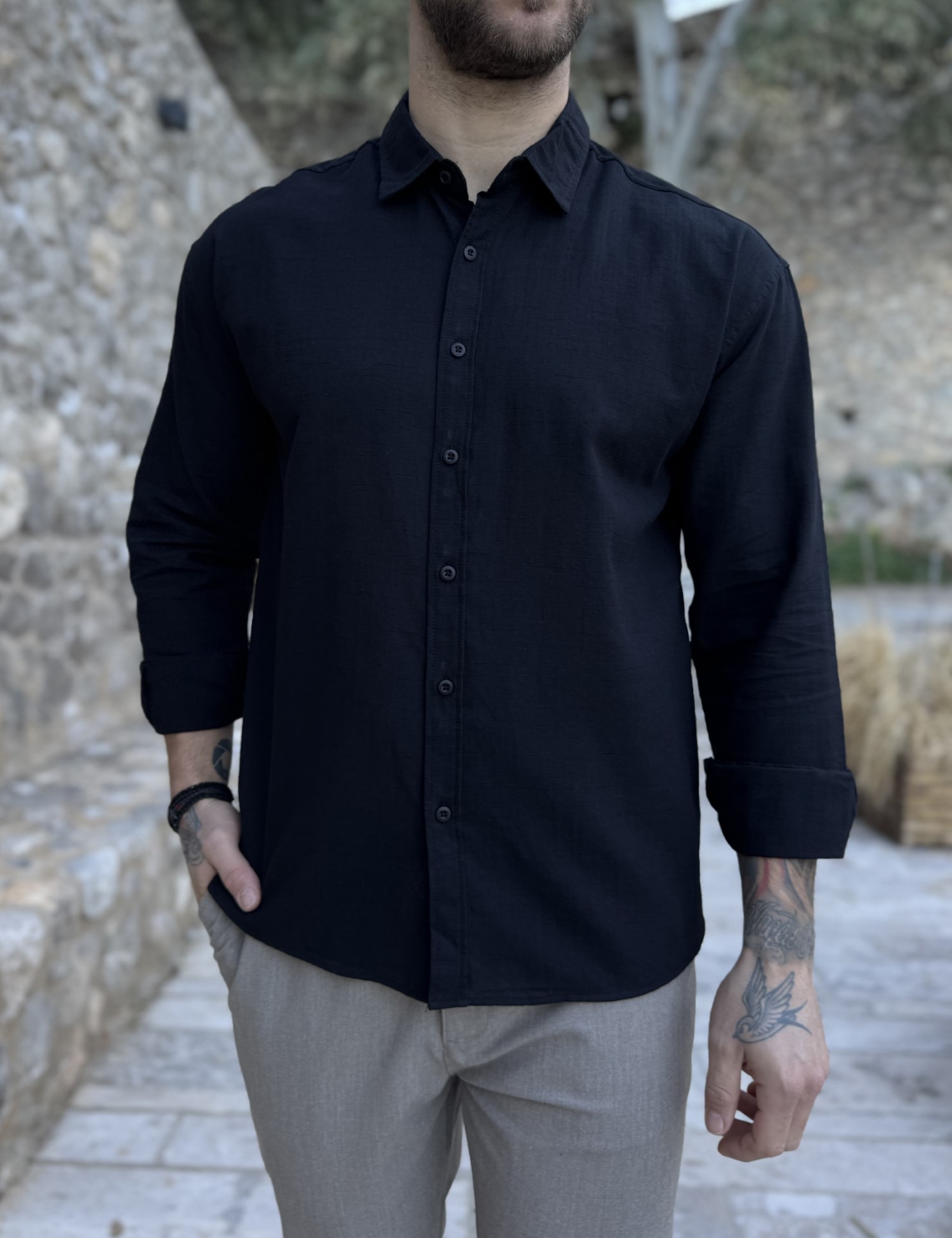 RMZ Ανδρικό μαύρο μακρυμάνικο πουκάμισο RMZ19140